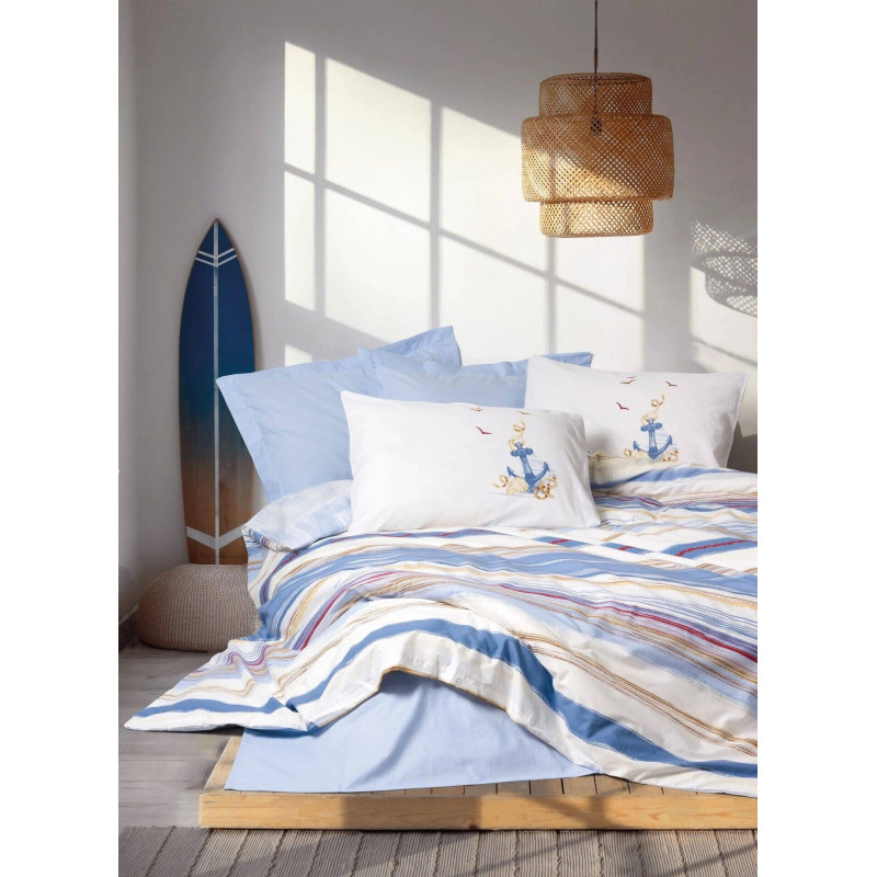 Cotton Box Maritime Moreno Mavi Bed Linen Set – Style and Comfort for Your Bedroom

Specifications: 
- Material: 100% cotton
- Set includes: 1 duvet cover, 1 sheet, 2 pillowcases
- Sizes: duvet cover 200x220 cm, sheet 240x260