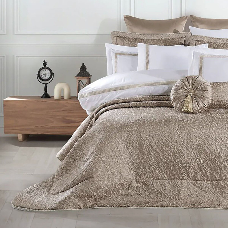 Набір постільної білизни з вишивкою та жакардовим покривалом Dantela Vita - Katrina bej бежевий євро