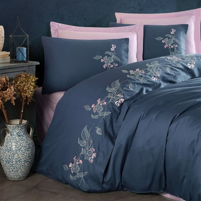 Постільна білизна Dantela Vita сатин з вишивкою - Efra lacivert синій євро