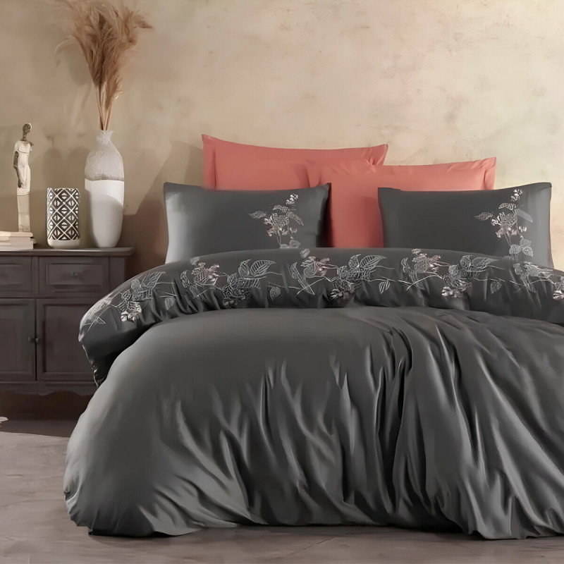 Постільна білизна Dantela Vita сатин з вишивкою - Efra antrasit антрацит євро