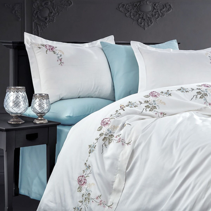 Постільна білизна Dantela Vita сатин з вишивкою - Ruya krem кремовий сімейний