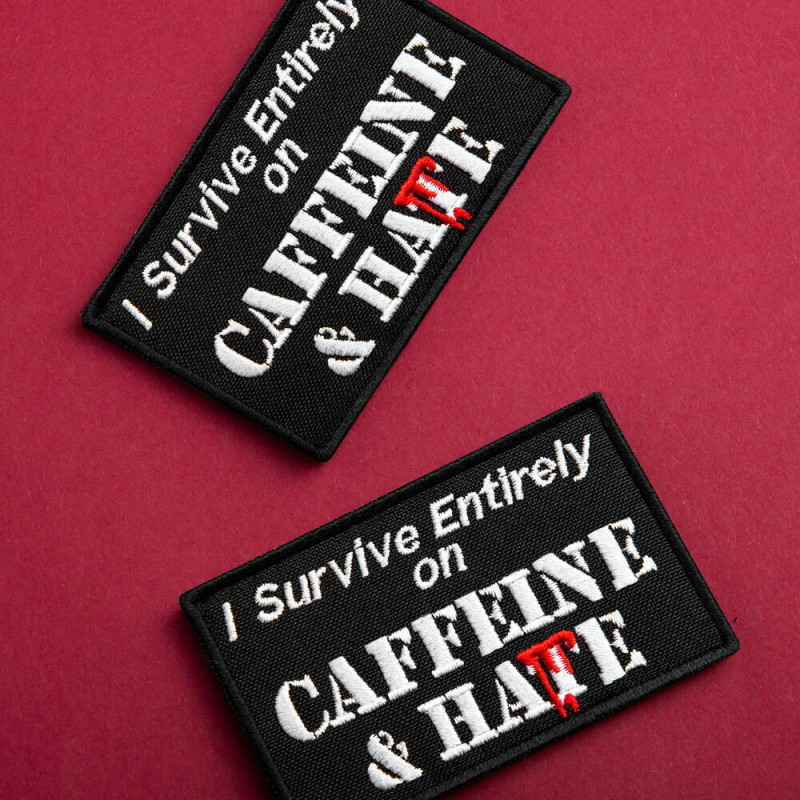 Набір шевронів 2 шт "Survive Entirely On Caffeine&Hate" 5×8 см вишитий патч на липучці