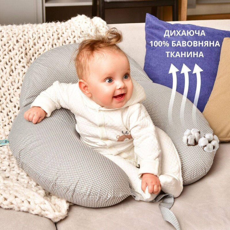 Подушка для годування диван 60х70х16 см бавовна антиалергенна з блискавкою сіра натуральна