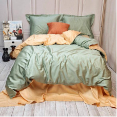 Постільна білизна ДУЕТ GREEN FOG/SOFT PEACH Premium Сатин однотон MERISET - Євро на резинці (560628)