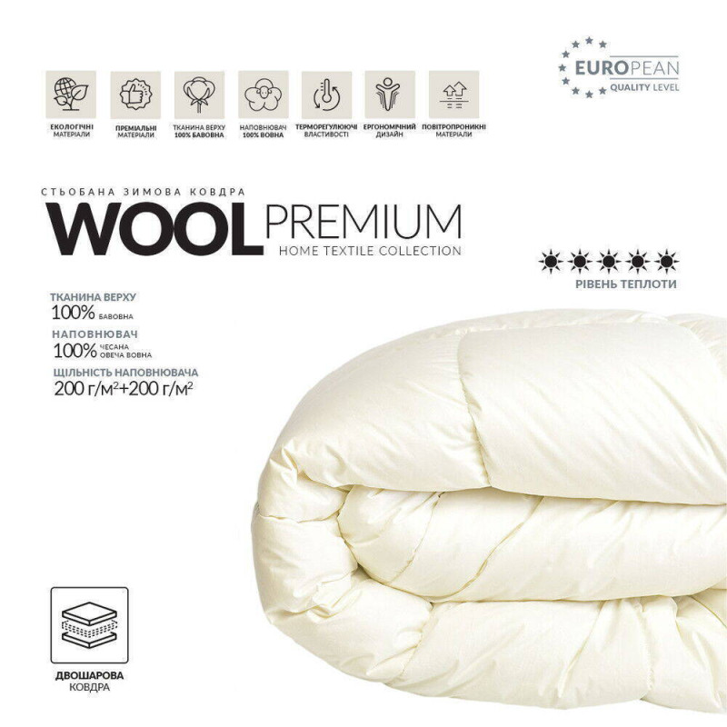 Ковдра Wool Premium 200х220 см вовняна зимова подвійна IDEIA вовна супер тепла натуральна бавовна