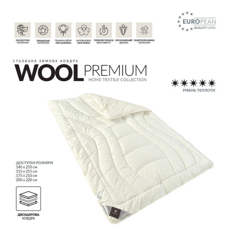 Ковдра Wool Premium 200х220 см вовняна зимова подвійна IDEIA вовна супер тепла натуральна бавовна
