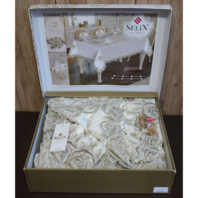 Велюрова скатертина Selin Gizem Set 160х350 з серветками