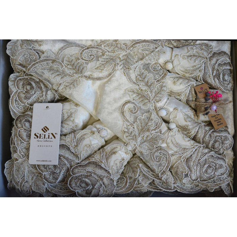 Велюрова скатертина Selin Gizem Set 160х350 з серветками