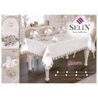 Велюрова скатертина Selin Gizem 160х300 см з мереживом та серветками