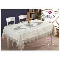 Кремова велюрова скатерть Selin Yesim 160×350 см з мереживом