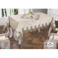 Прямокутна велюрова скатертина Selin Nehir 160х350 з мереживом бежева