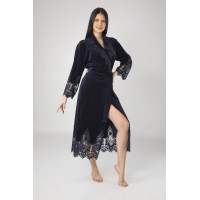 Long velvet robe Nusa with lace, dark blue