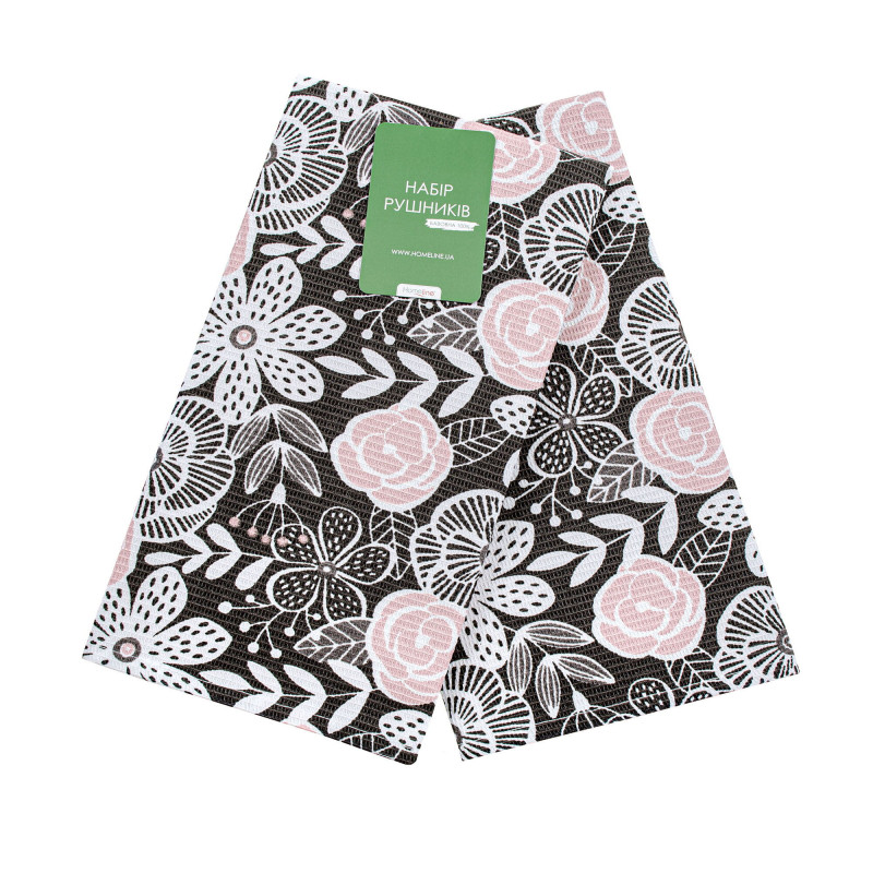 Набір вафельних кухонних рушників (2шт.) "Декоративні квіти" (графітово-фрезовий) 40х60 183924