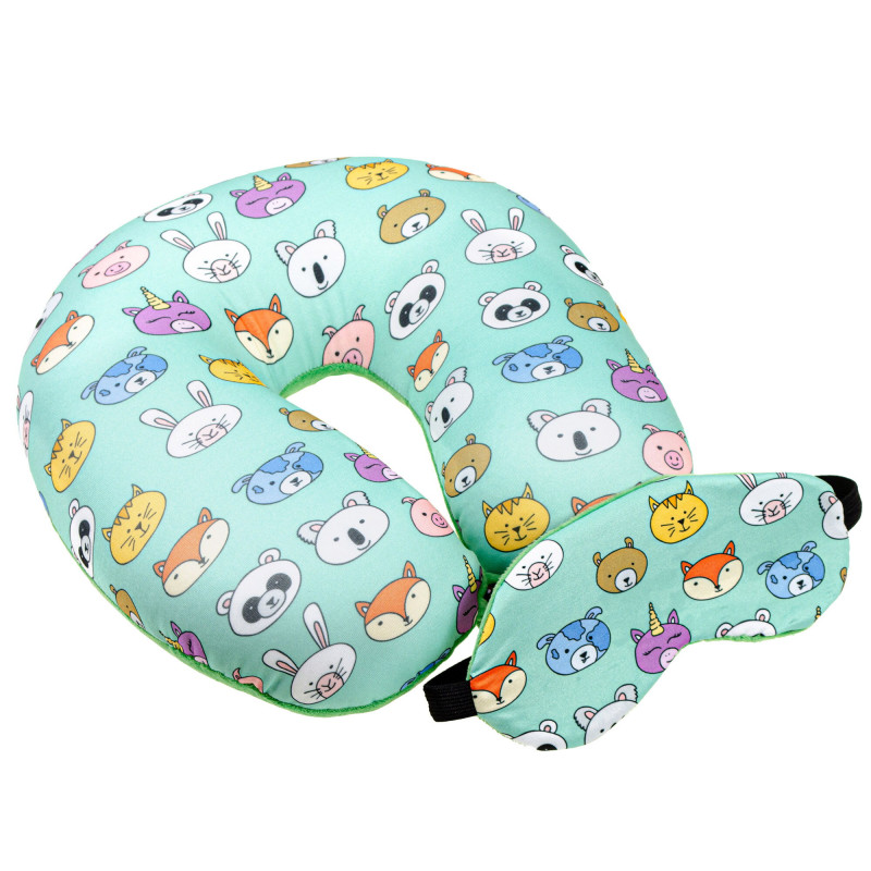 Подушка-рогалик дорожня і пов'язка для очей Home Line "Ментоловий Тварини" 30x30см 179138