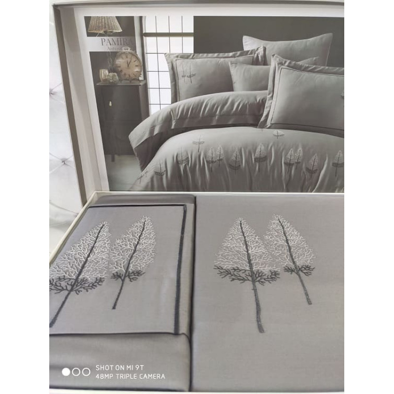 Pamira antrasit сатинова постіль з вишивкою. Євро розмір. Dantela vita Туреччина. (84228)