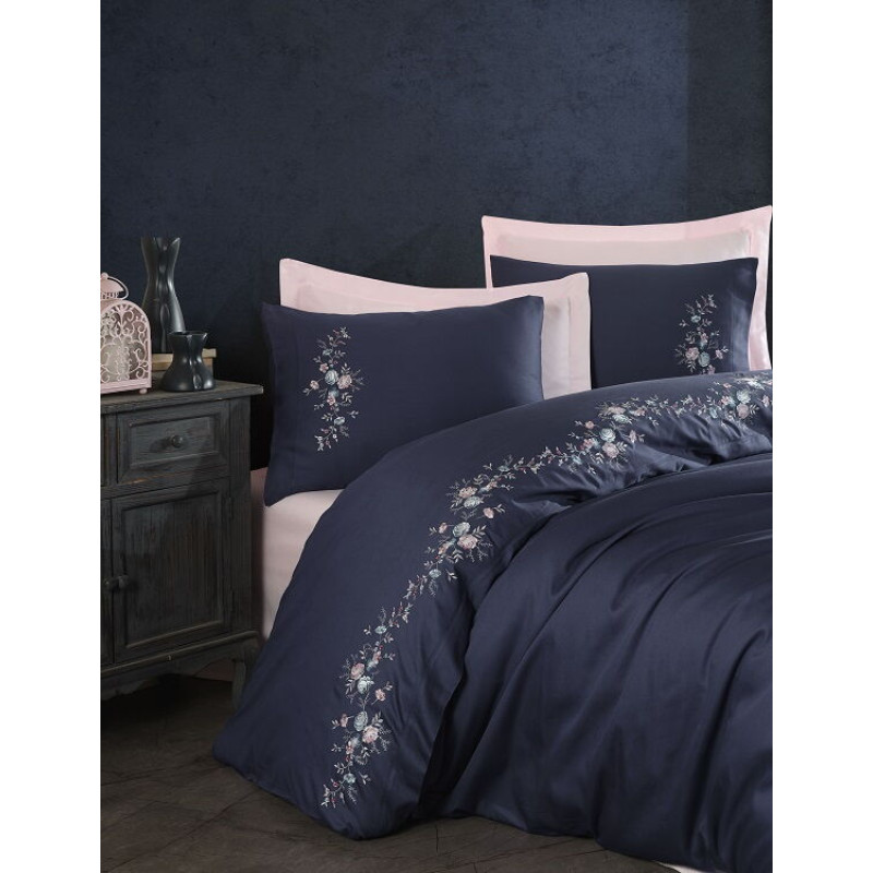 Piraye Lacivert сатинова постіль з вишивкою. Євро розмір. Dantela vita Туреччина. (66390)