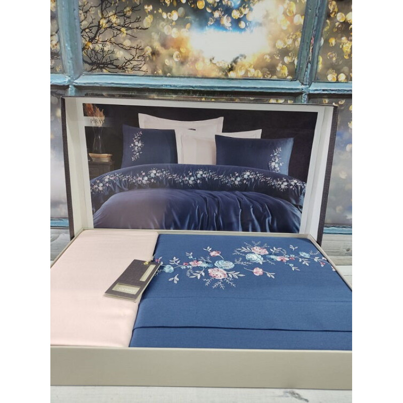 Piraye Lacivert сатинова постіль з вишивкою. Євро розмір. Dantela vita Туреччина. (66390)