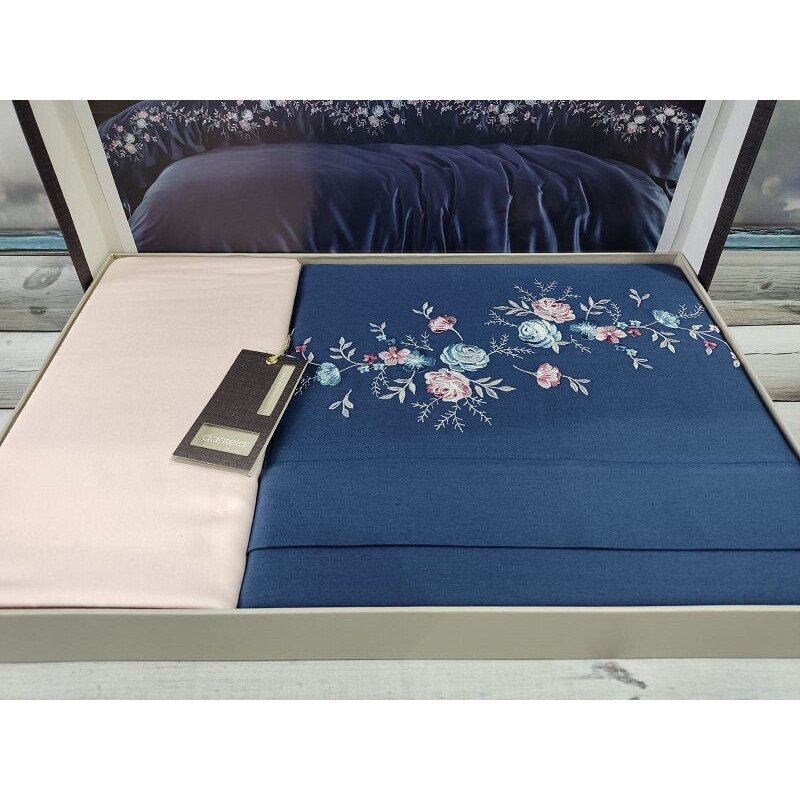 Piraye Lacivert сатинова постіль з вишивкою. Євро розмір. Dantela vita Туреччина. (66390)