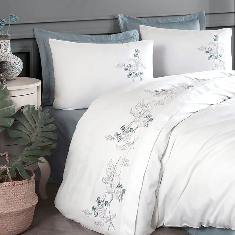 Постільна білизна Dantela Vita сатин з вишивкою - Efra beyaz білий євро