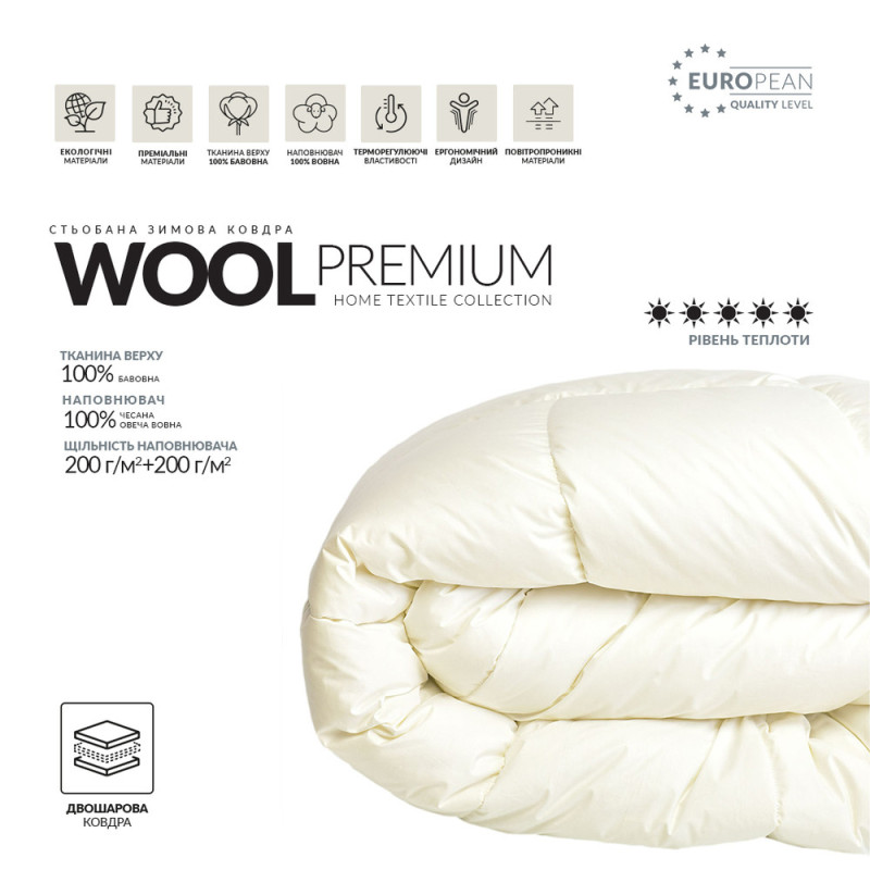 Ковдра зимова вовняна 140х210 см Wool Premium IDEIA бавовна подвійна шерсть натуральна супер тепла