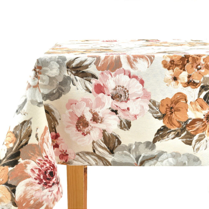 Скатертина 140x170 см IDEIA бавовняна, з водовідштовхувальним і плямостійким покриттям, квіти, беж