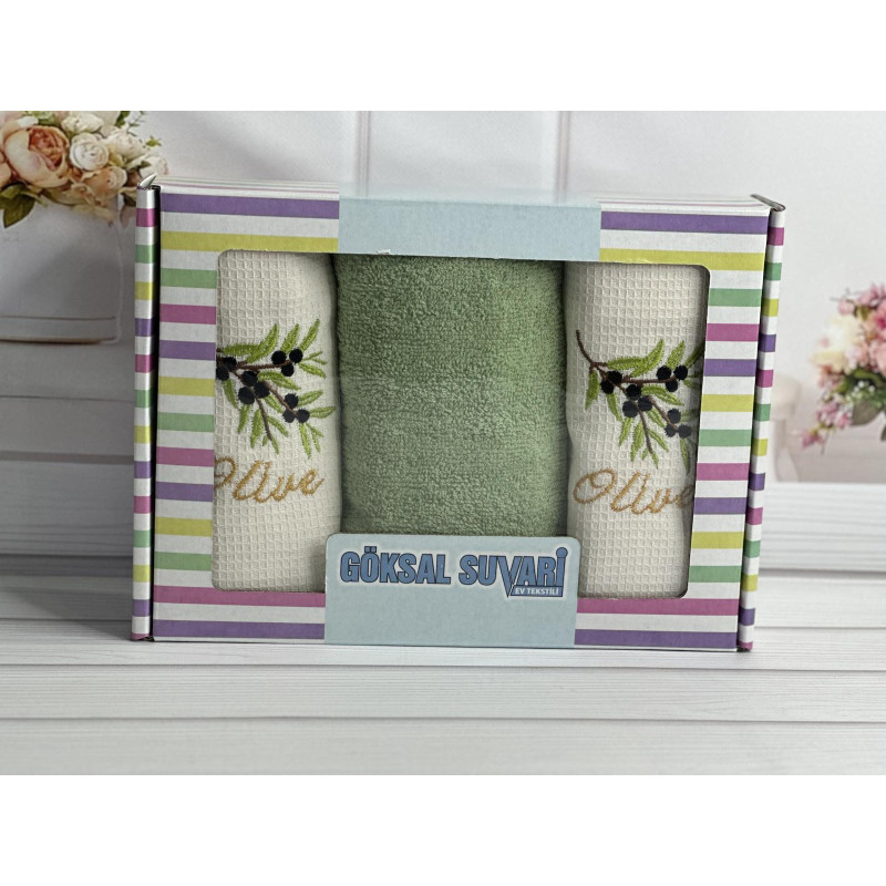 Suvari olive 002 3в1 40х60см., набір рушників (махра / вафелька). (12384)