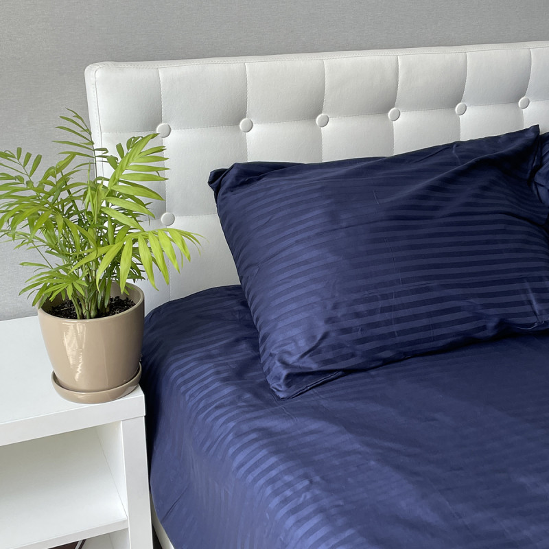 Комплект постільної білизни Stripe Sense Dark Blue сатин-страйп SoundSleep темно-синій сімейний