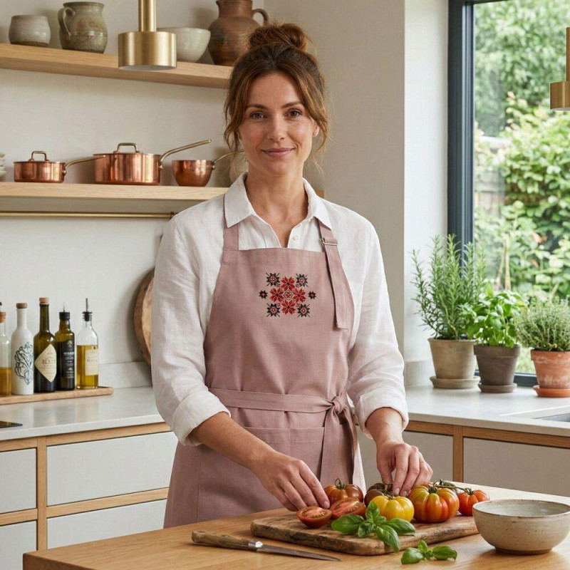 Фартух універсальний з етновишивкою та кишенею, водовідштовхувальний, бавовна, великий розмір, для жінок