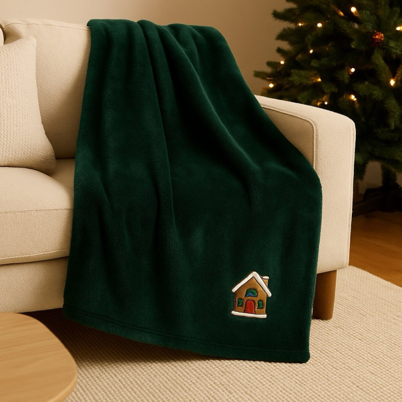 Плед покрывало велсофт 170х210 см супер мягкий с вышивкой рождественской смарагд будиночок