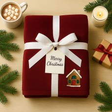 Плед покривало велсофт 170х210 см суперм'який із вишивкою різдвяний бордо будиночок