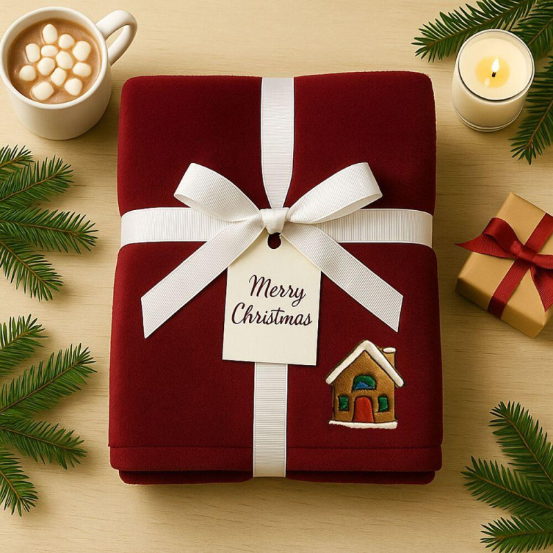 Плед покривало велсофт 170х210 см суперм'який із вишивкою різдвяний бордо будиночок