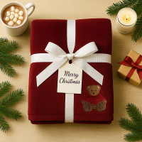 Плед покривало велсофт 170х210 см суперм'який із вишивкою різдвяний бордо-ведмедик