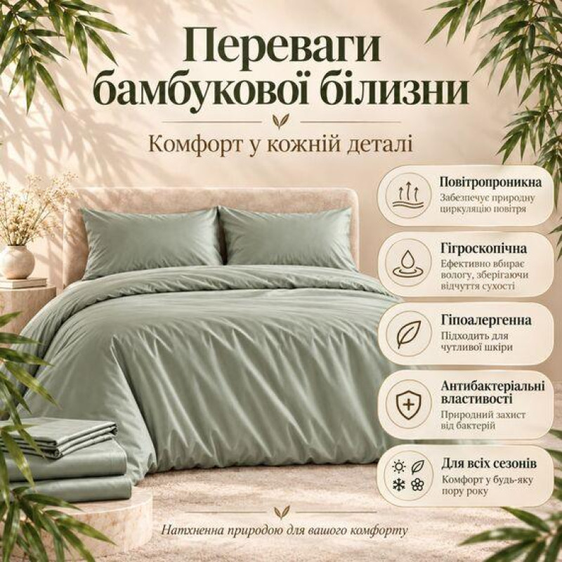 Комплект постільної білизни Євро IDEIA Bamboo, сатин 100% бамбук, 300 TC
