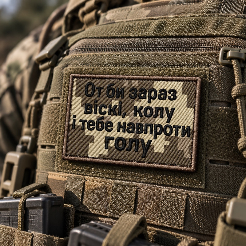 Вишитий шеврон IDEIA «От би зараз віскі, колу і тебе навпроти голу» піксель на липучці, 5×8 см