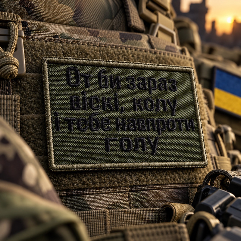 Вишитий шеврон IDEIA «От би зараз віскі, колу і тебе навпроти голу» хакі, 5×8 см, на липучці