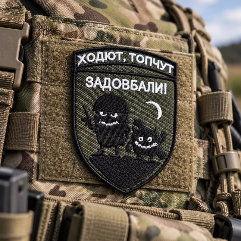 Вишитий шеврон IDEIA «Ходют, топчут — задовбали!» хакі 7х9 см на липучці