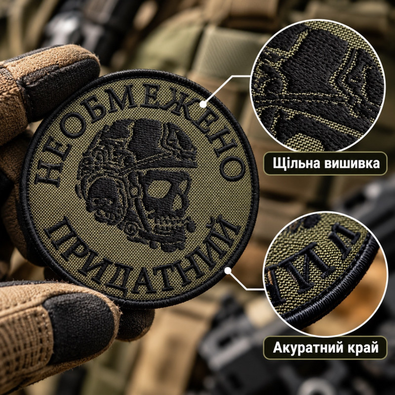 Вишитий шеврон IDEIA «Необмежено придатний» хакі, 8 см, чорна вишивка на липучці