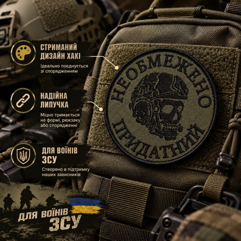 Вишитий шеврон IDEIA «Необмежено придатний» хакі, 8 см, чорна вишивка на липучці