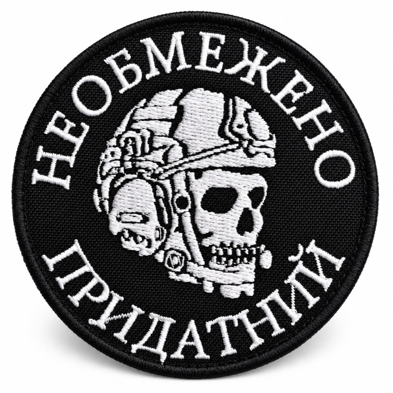 Вишитий шеврон IDEIA «Необмежено придатний» на липучці, 8 см, білий на чорному