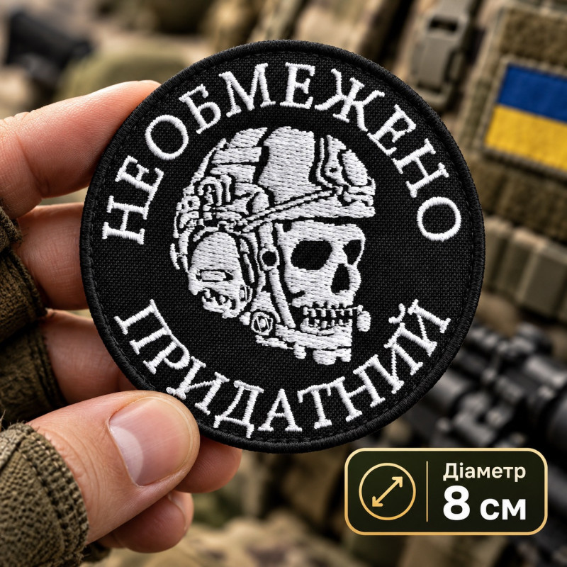 Вишитий шеврон IDEIA «Необмежено придатний» на липучці, 8 см, білий на чорному