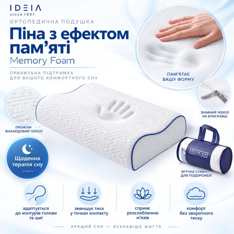 Ортопедична подушка IDEIA NeckWave Memory Foam ID8-36811 60х40х11/9 см з 2 наволочками