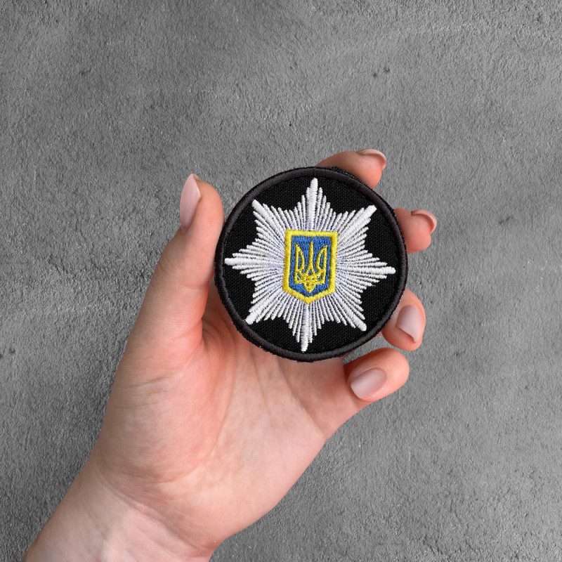 Шеврон на липучці Кокарда Поліція кругла 6 см чорний, вишитий патч нашивка липучка