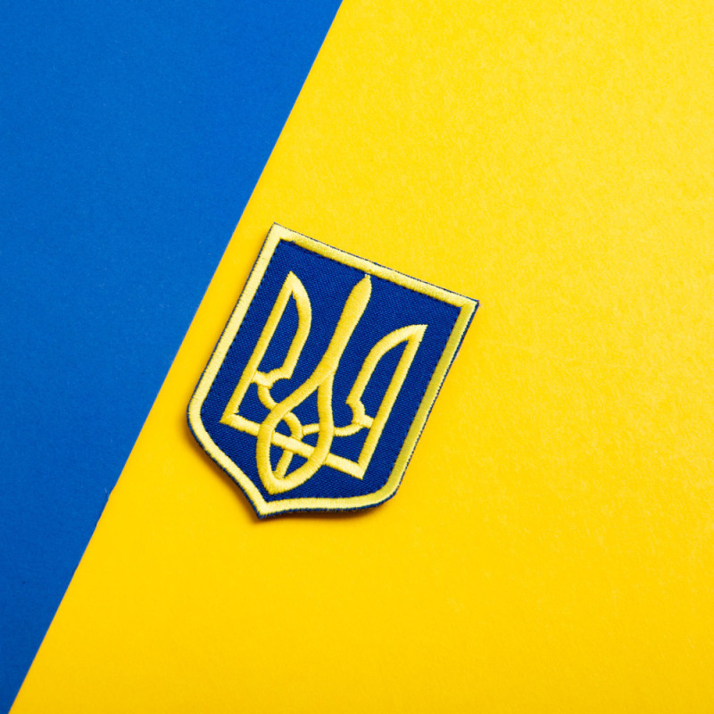 Шеврон на липучці Герб Тризуб України 6х8 см синій вишитий патч нашивка