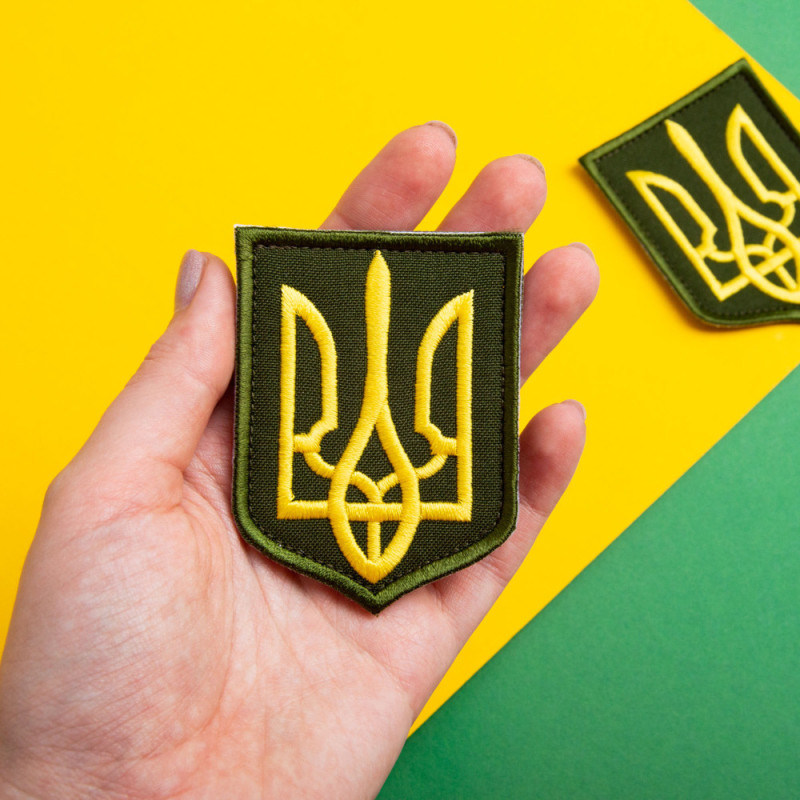 Шеврон на липучці Герб Тризубц України 6х8 см хакі вишитий патч нашивка