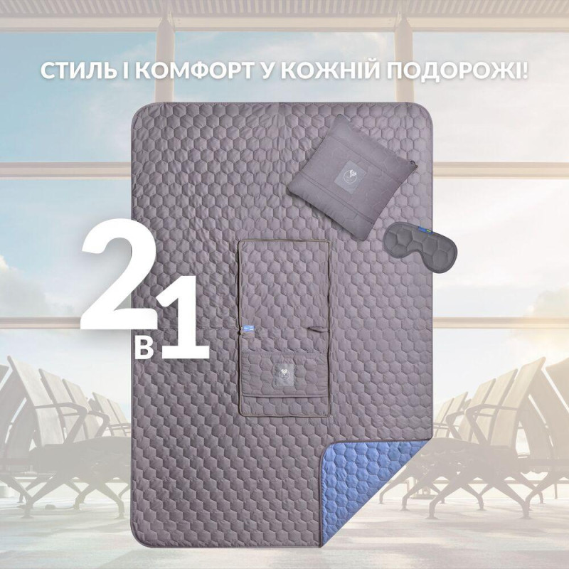 Плед-подушка IDEIA дорожня трансформер – для подорожей, літака, поїзда, кемпінгу, кріпиться до валізи та маска для сну