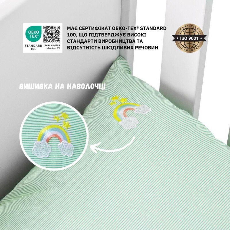 Комплект постільної білизни в ліжечко дитячий PAPAELLA, набір постільної з вишивкою, бавовна м'ята