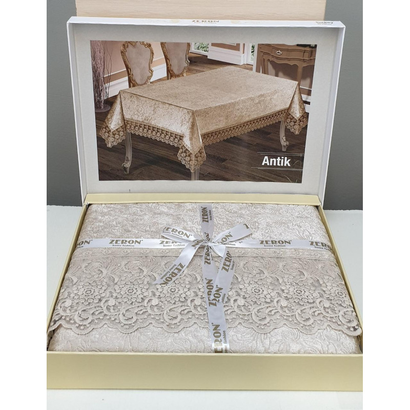Скатертина велюр-жакард прямокутна 160х220 ANTIK Cappuccino, Туреччина