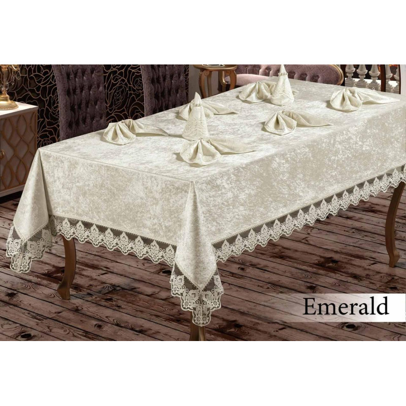 Скатертина велюрова прямокутна 160х220+8 серветок 35*35 Emerald Cream, Туреччина