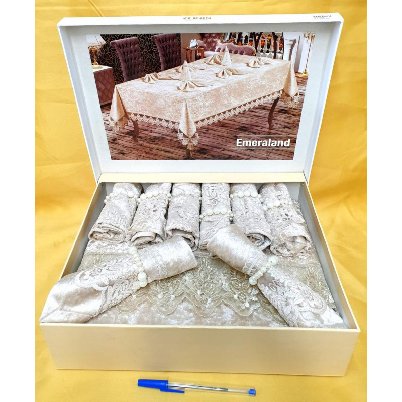Скатертина велюрова прямокутна 160х220+8 серветок 35*35 Emerald Cappucino, Туреччина