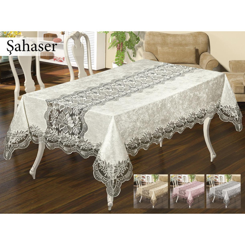 Скатертина велюр-жакард прямокутна 160х220 Saheser Cream, Туреччина